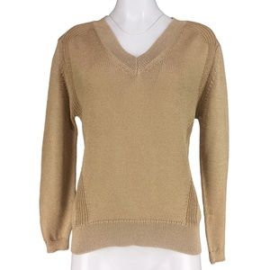 Elliot Lauren V Neck Sweater Metallic Gold Thread Camel Brown Womens Size M